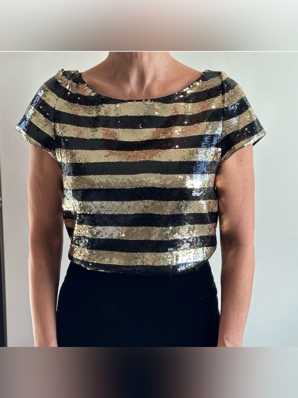 ALICE + OLIVIA silk sequined black and gold striped blouse